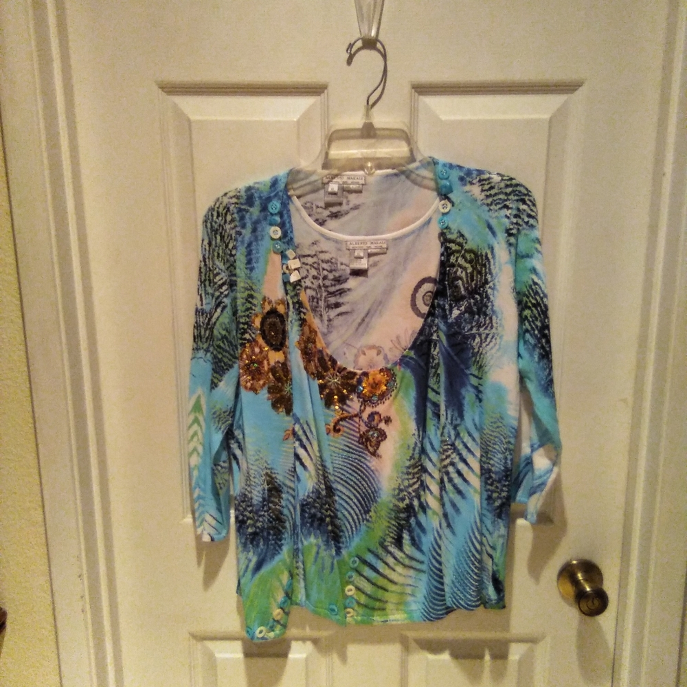 Alberto Makali Beaded Top and Camisole, Blue and Green Embroidery, Size XL